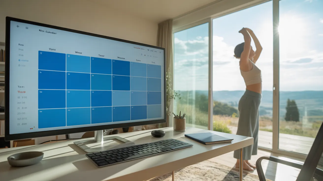 A woman takes a stretch break in her sunny home office, where a large monitor on the desk shows a color-coded weekly schedule.