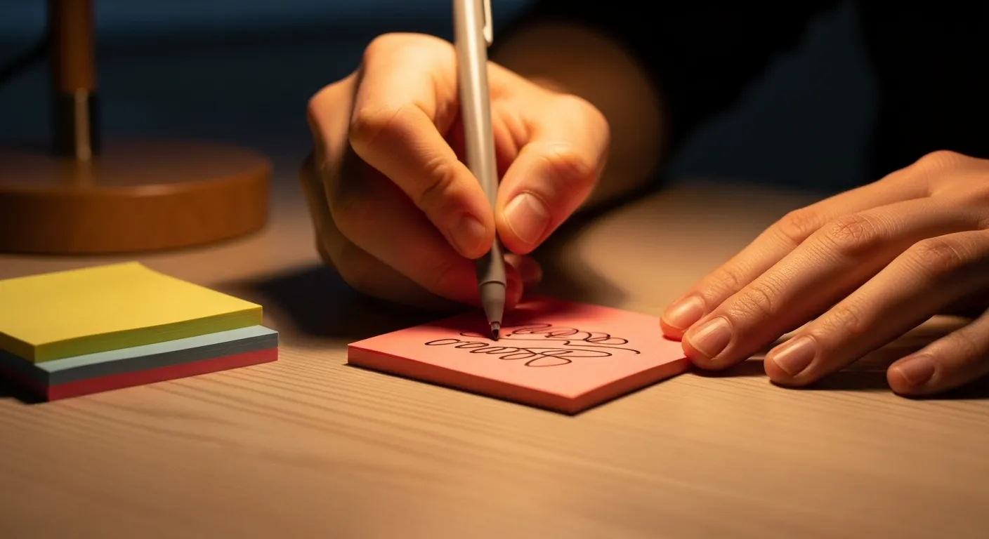 Close-up of a person's hands writing on a sticky note under the warm glow of a desk lamp at night.