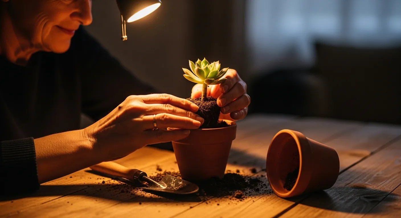 A senior's hands carefully repot a small green plant into a new pot on a wooden table under warm lamp light.