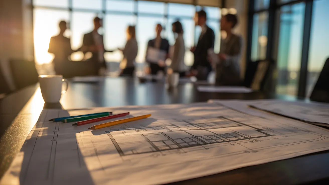 A close-up of a technical drawing on a meeting room table, with pens and a mug, illuminated by golden hour sunlight.