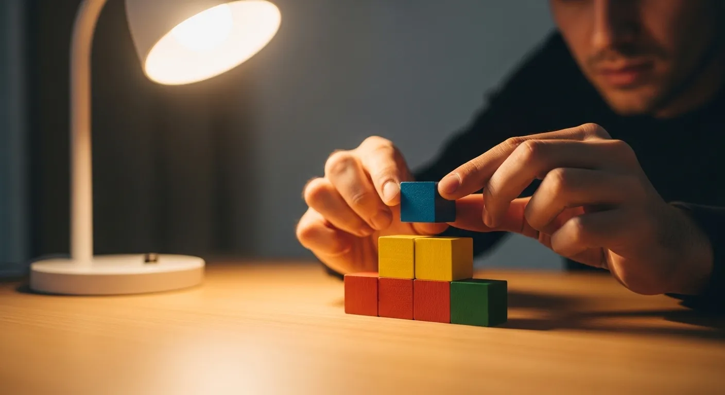 Close-up on hands arranging colored wooden blocks on a desk, symbolizing a structured plan for focus and productivity.