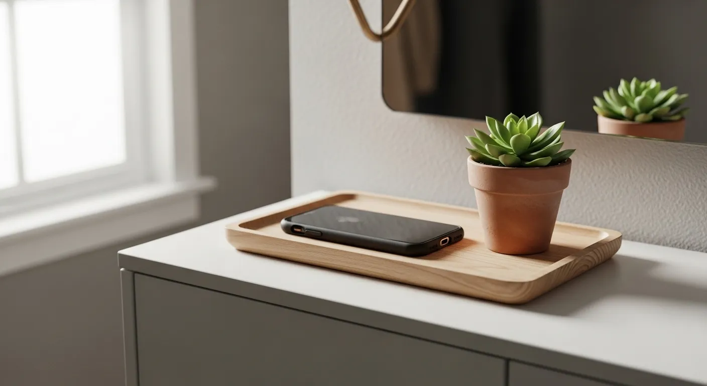 A smartphone turned face down on a wooden tray next to a small green succulent plant on a light-colored table.