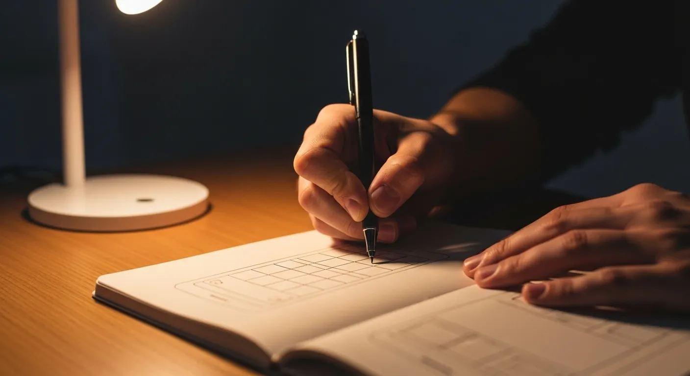 A close-up of hands using a pen to sketch a grid of simple boxes, representing a phone's home screen, in a notebook under warm lamplight.