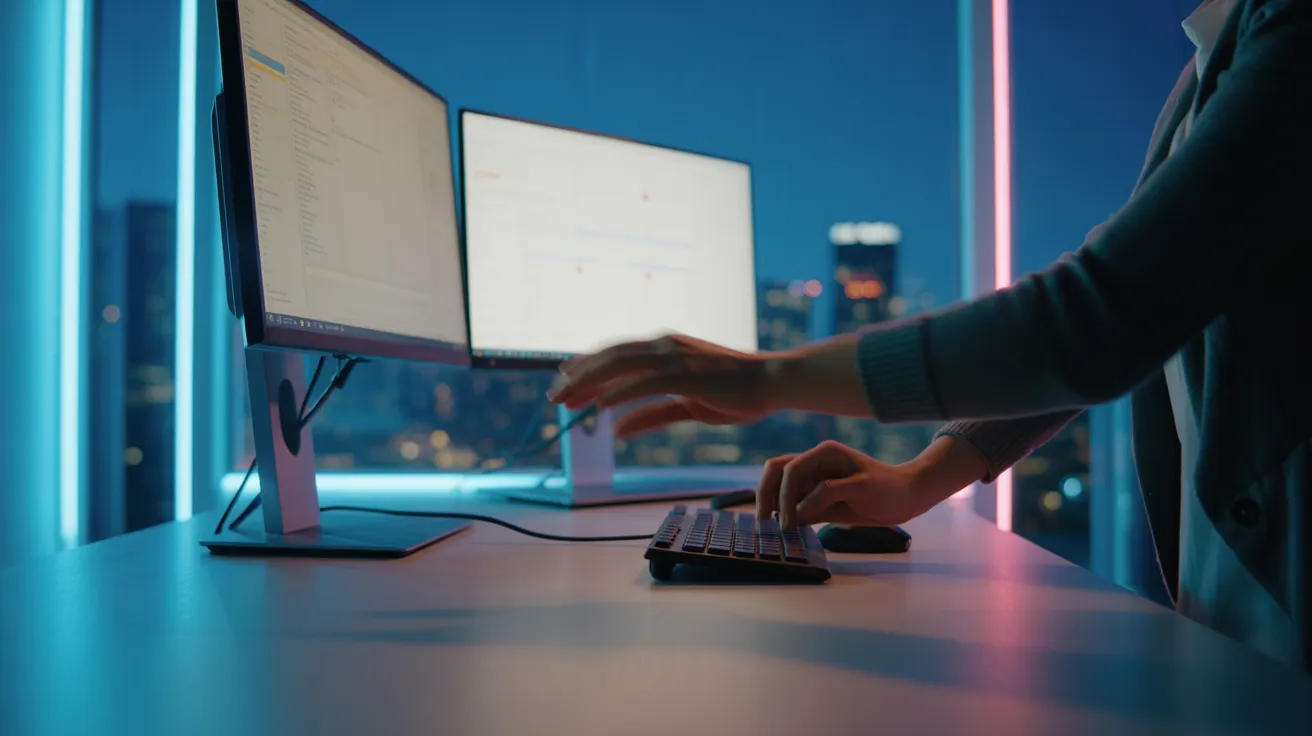 A person works at a computer with two monitors in a dark office illuminated by neon city lights from a window.