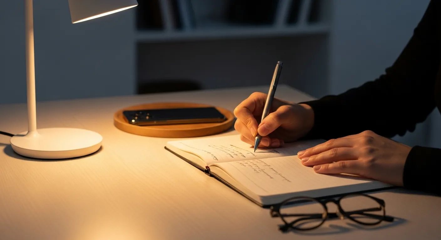 A person's hands writing with a fountain pen in a blank notebook under the warm light of a desk lamp at night.