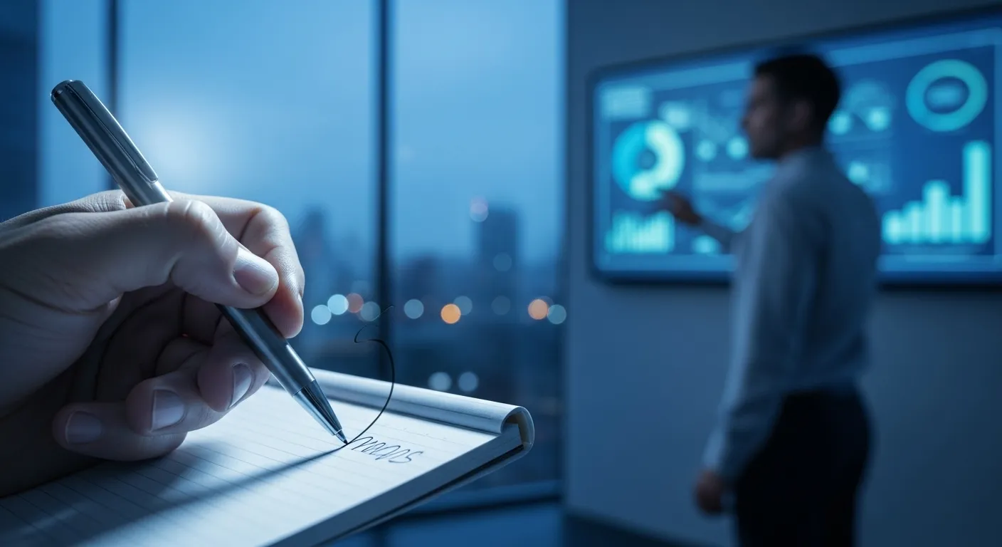 A close-up of a hand writing a note on a pad during a meeting at dusk. A person and screen are blurred in the background.