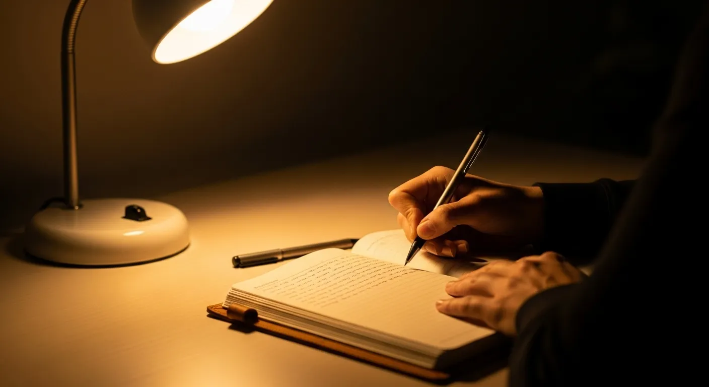 Close-up of a person's hands writing in a journal on a desk under the warm, solitary glow of a lamp at night.