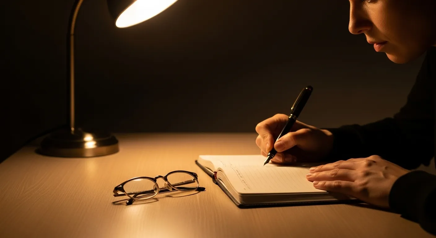 A person writing in an open notebook on a wooden desk under the warm glow of a lamp at night.