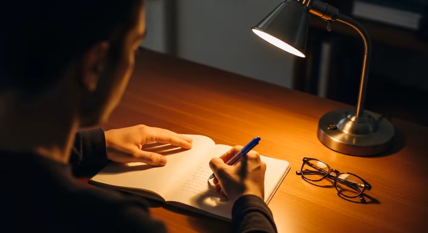 A close-up of a person journaling by lamplight, with a pair of reading glasses on the desk.