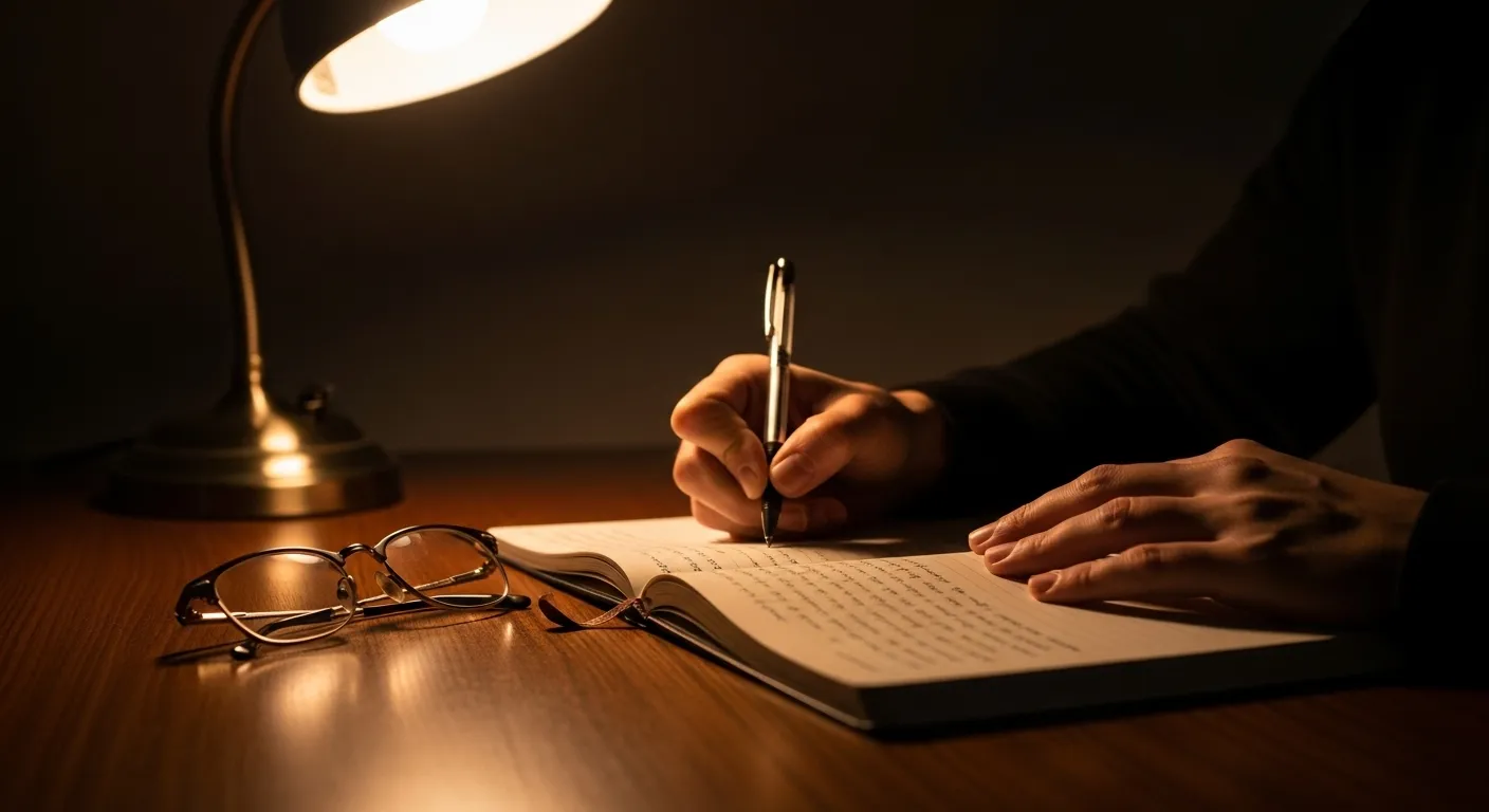 A close-up of a person's hands writing in a journal under the warm, focused light of a desk lamp at night.