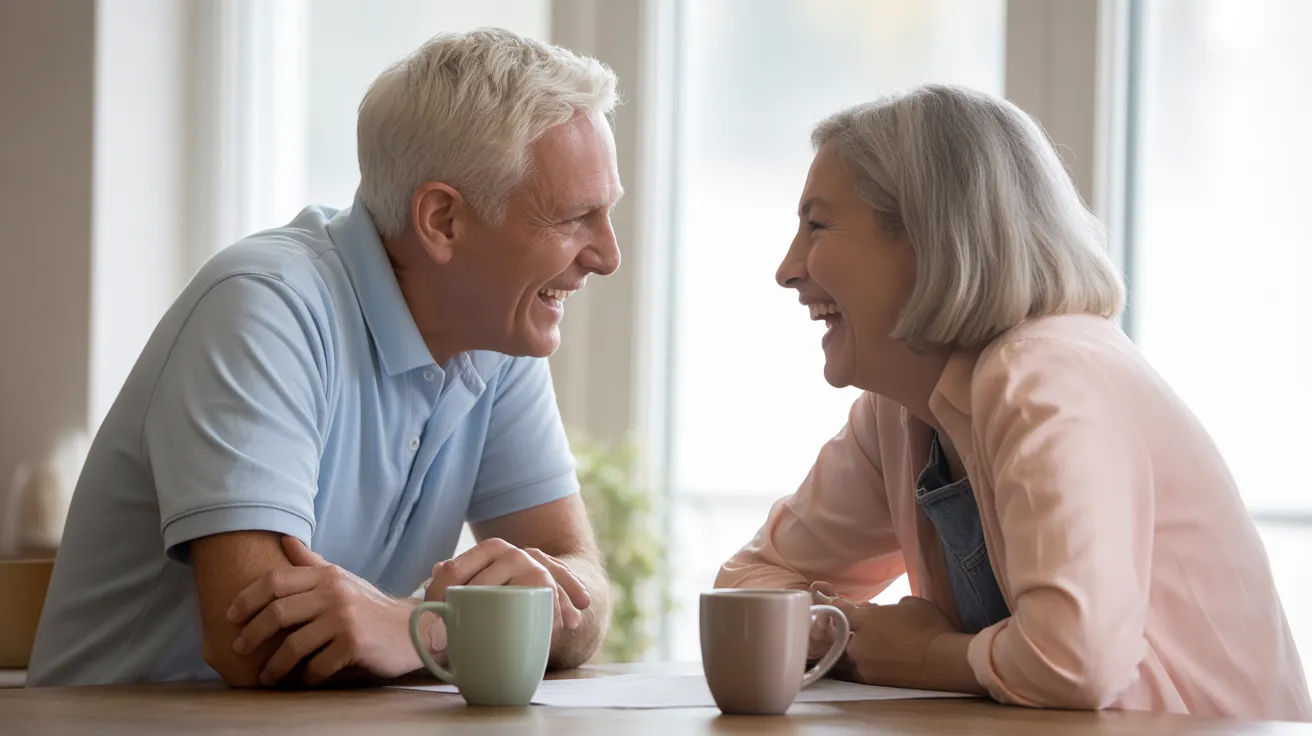 An elderly man and woman laugh together at a kitchen table, with coffee mugs and a document between them, lit by soft window light.