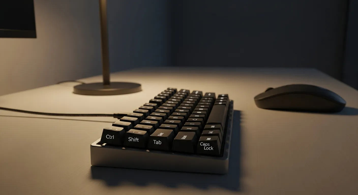 A close-up of a keyboard on a desk, with focus on the control keys. A mouse is visible but de-emphasized to the side.