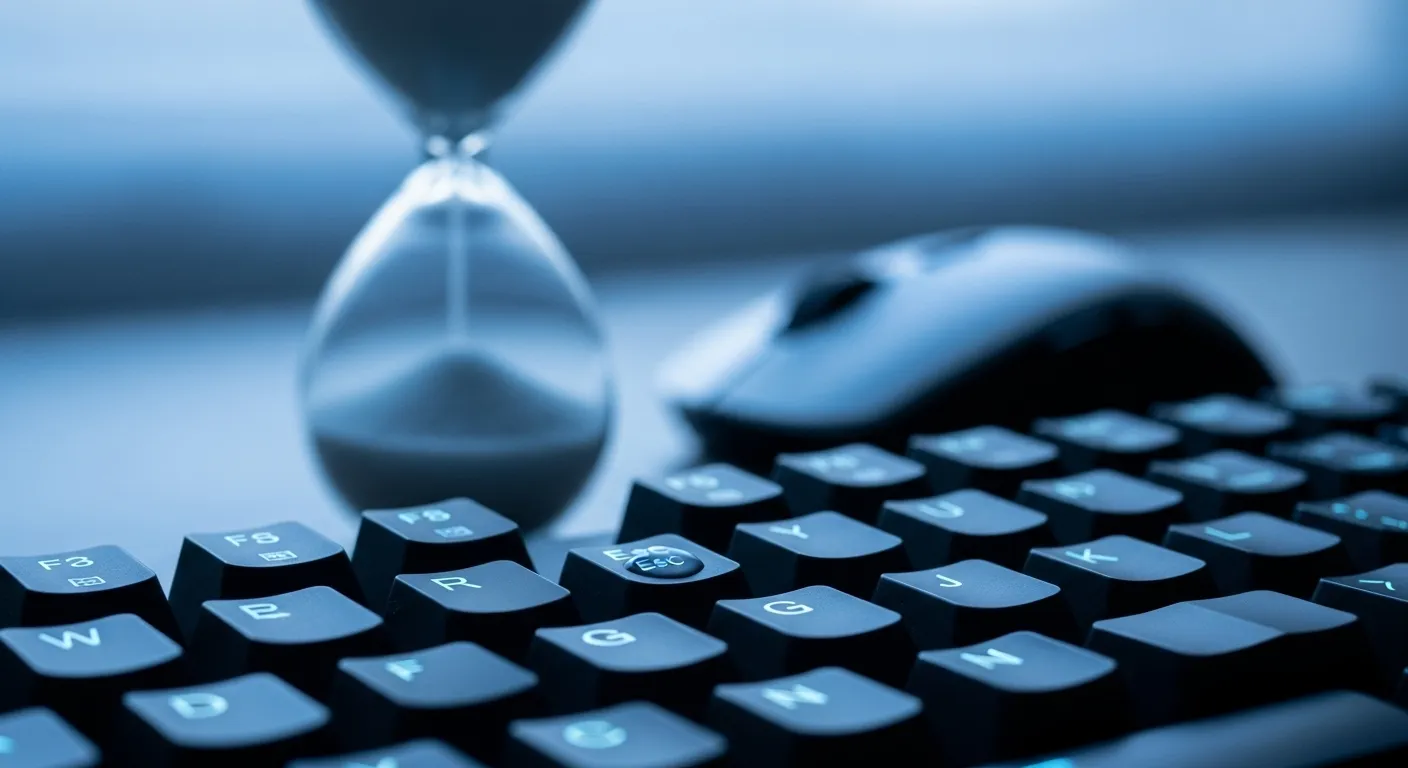 A close-up of a keyboard in focus, with an out-of-focus mouse and a small hourglass on a desk at dusk.