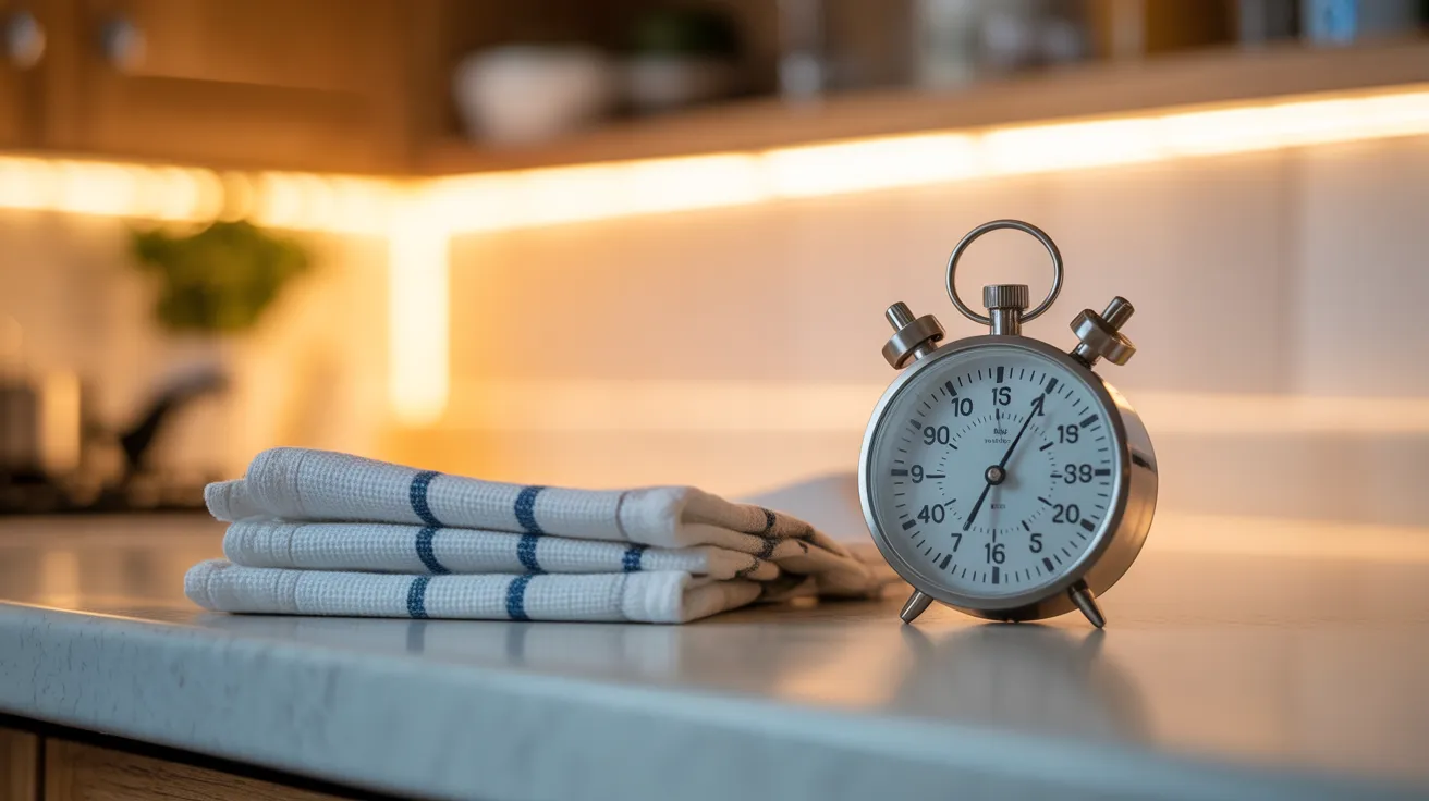 A small, round analog kitchen timer on a clean kitchen counter in the evening, set for ten minutes.