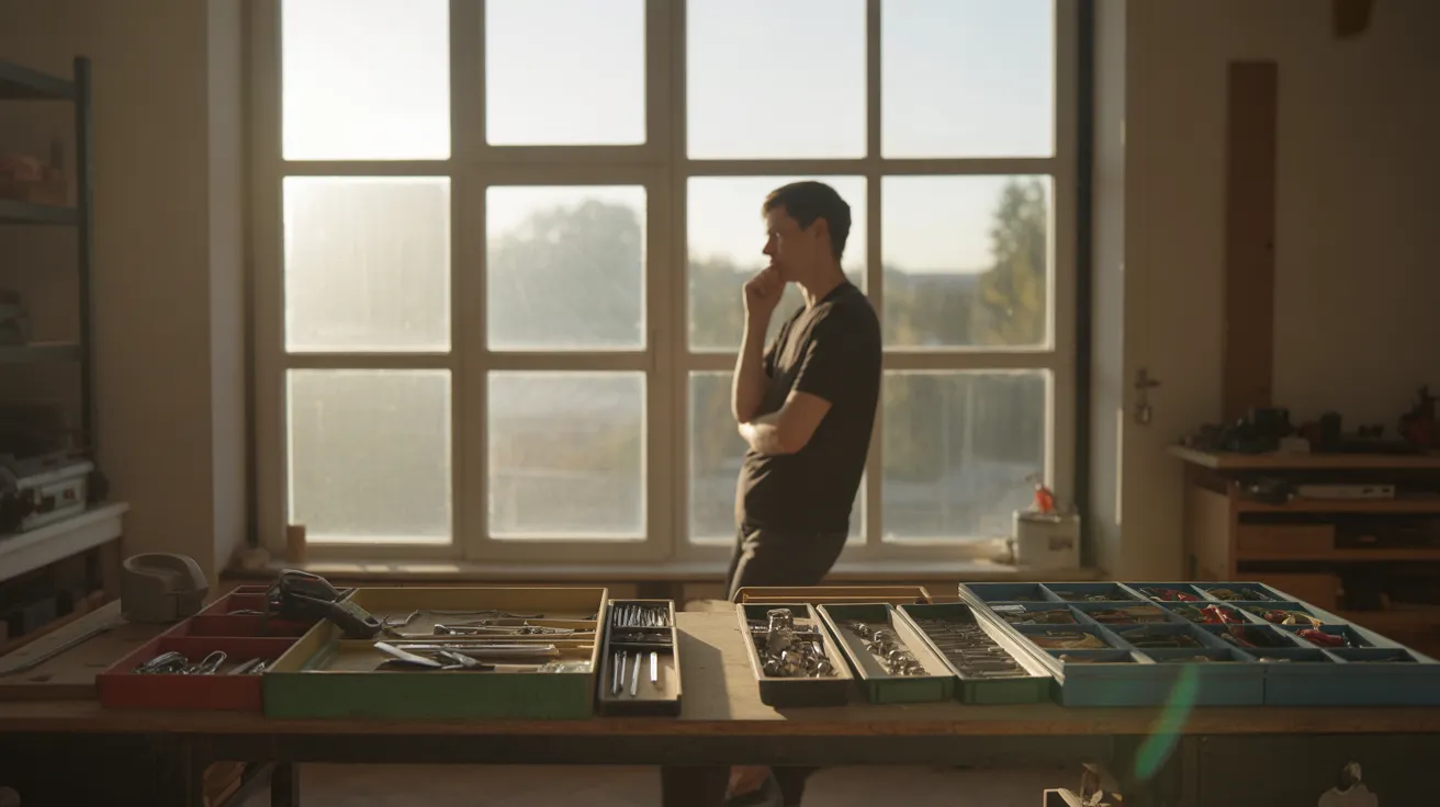 A person takes a mindful break in a sun-drenched home workshop, with a neatly organized workbench of hardware and tools in the foreground.