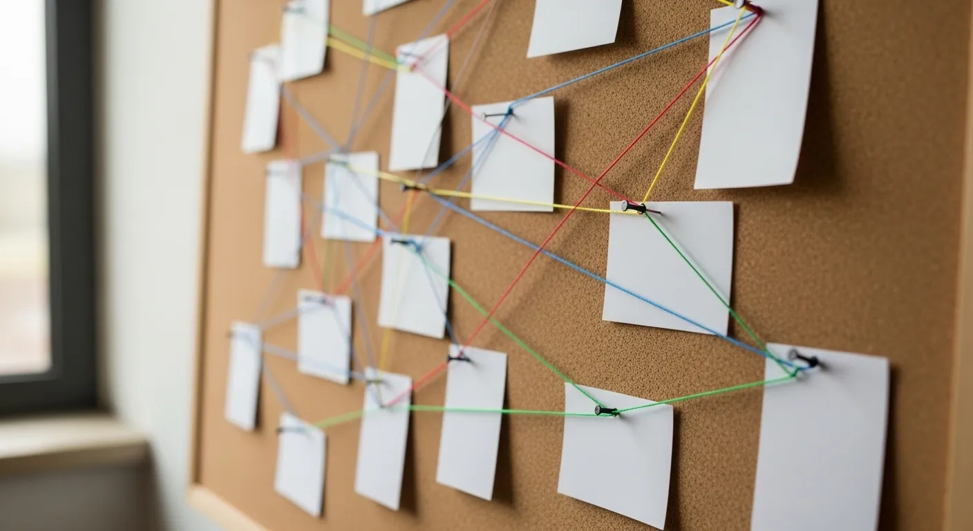 A corkboard displays a network of blank index cards connected by colorful threads, visualizing a map of interconnected ideas.