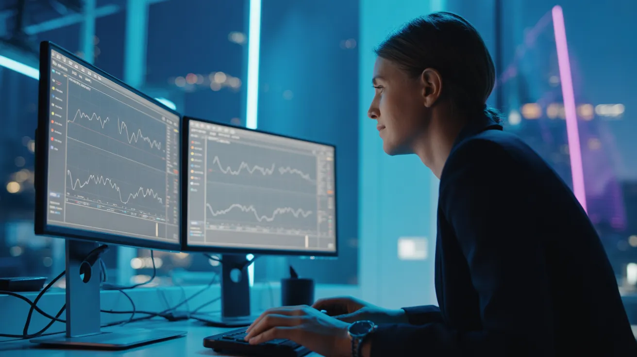A person works late at a desk with two large monitors, their face lit by the screens and by neon city lights from the window.
