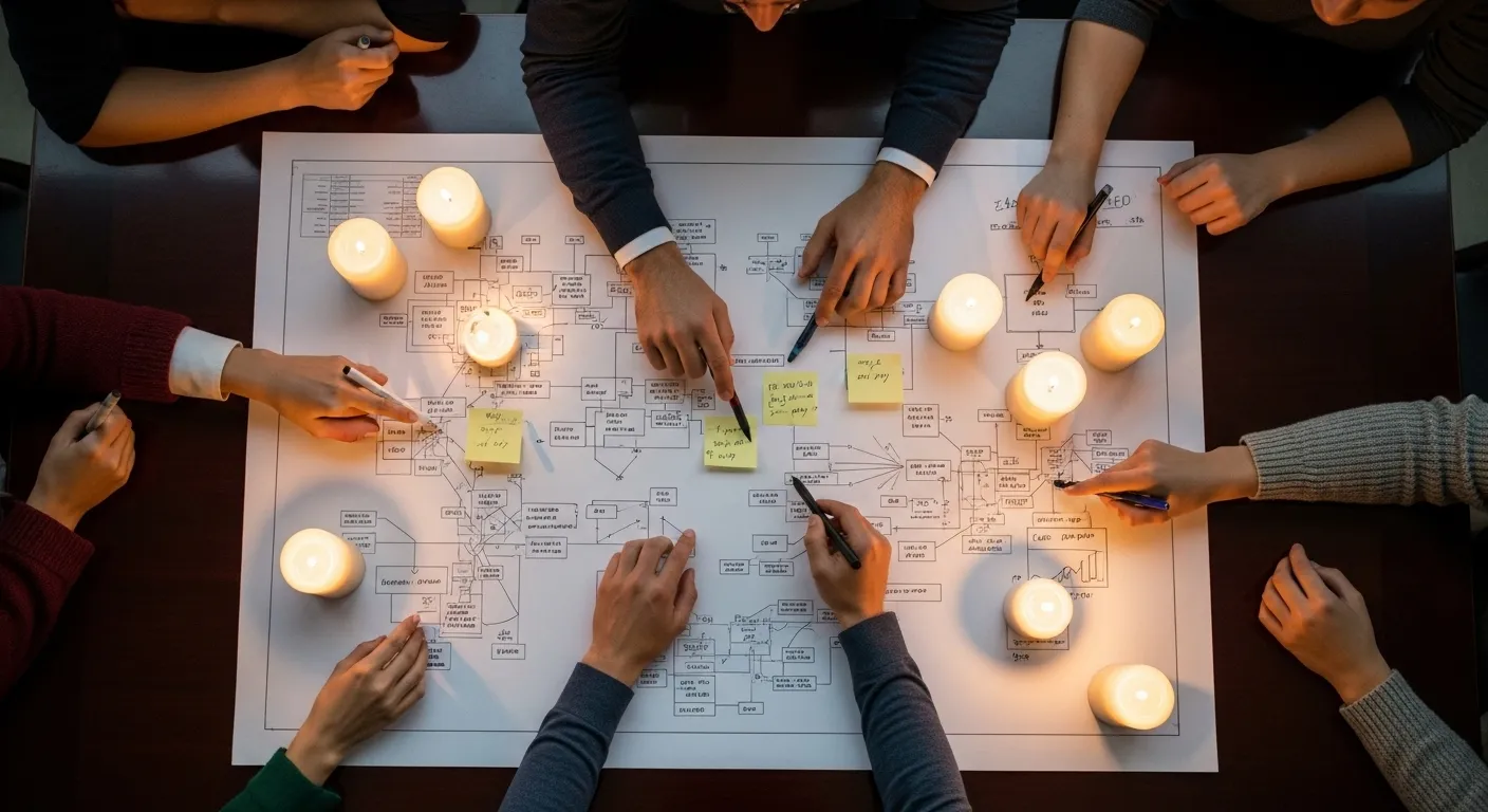 Top-down view of a business flowchart illuminated by candlelight, with several hands pointing to key areas during a collaborative strategy meeting.