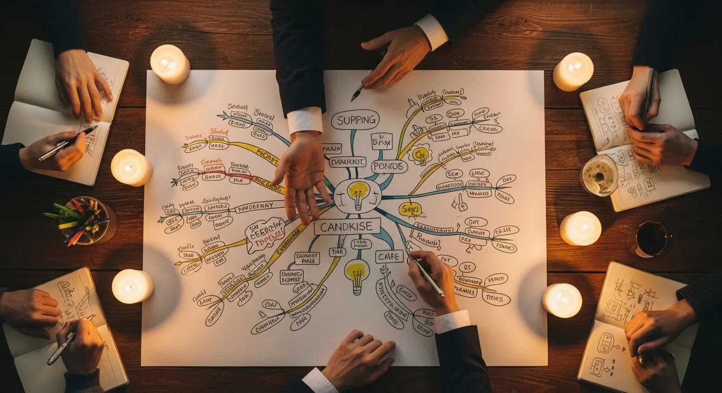 A top-down photo of a candlelit brainstorming session, with hands gesturing toward a central document on a dark table.