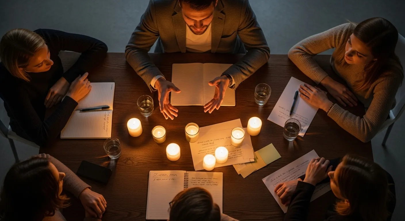 A top-down view of a focused brainstorming meeting lit by candlelight, with a leader's hands gesturing over a central diagram on a table.