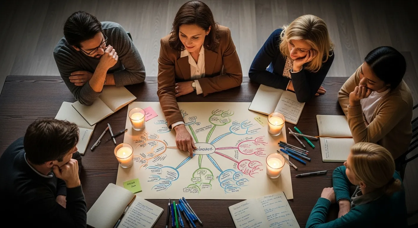 An overhead view of a team brainstorming around a table lit by candlelight. A leader's hand points to a central diagram.