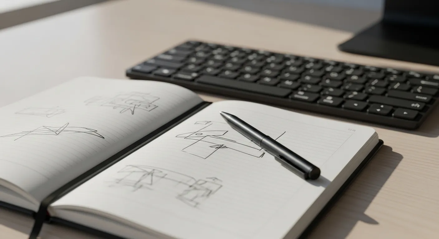An open notebook with a pen lies next to a computer keyboard on a desk, ready for taking notes.