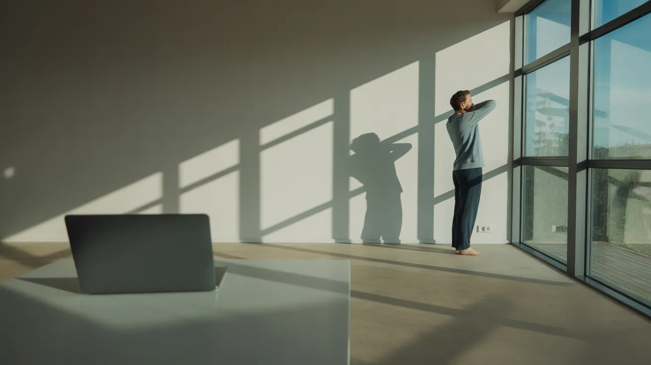 A person takes a stretching break by a sunny window in a spacious home office, with their tidy desk in the background.