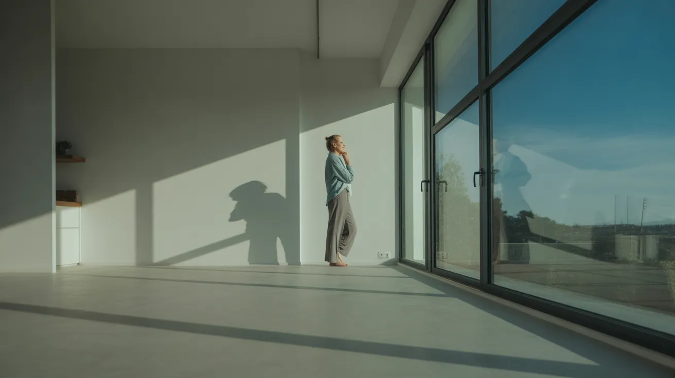 A person takes a break in a sunlit, modern home office, looking out the window. The room is spacious and tidy, with sharp shadows on the floor.