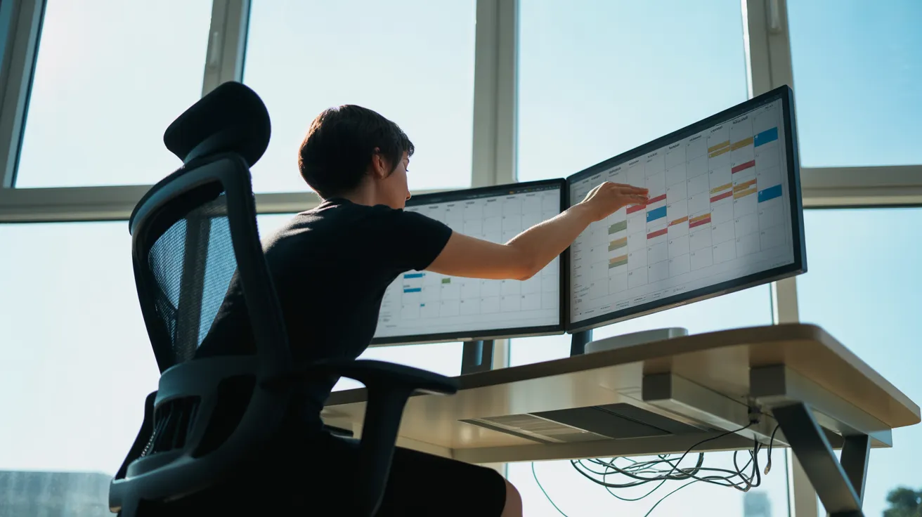 A person seen from a low angle at a desk with two monitors, organizing a digital calendar, backlit by a bright window.