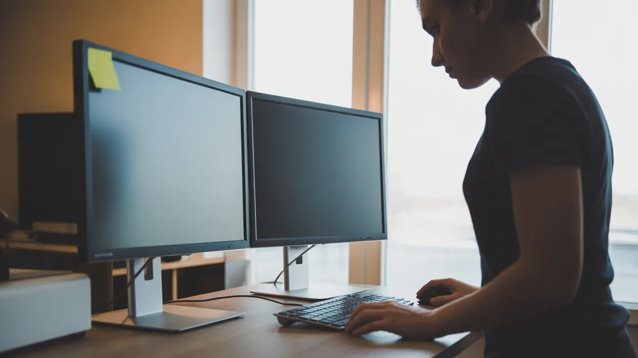 A person sits at a desk with dual monitors, backlit by a bright window. A single yellow sticky note is attached to one monitor.