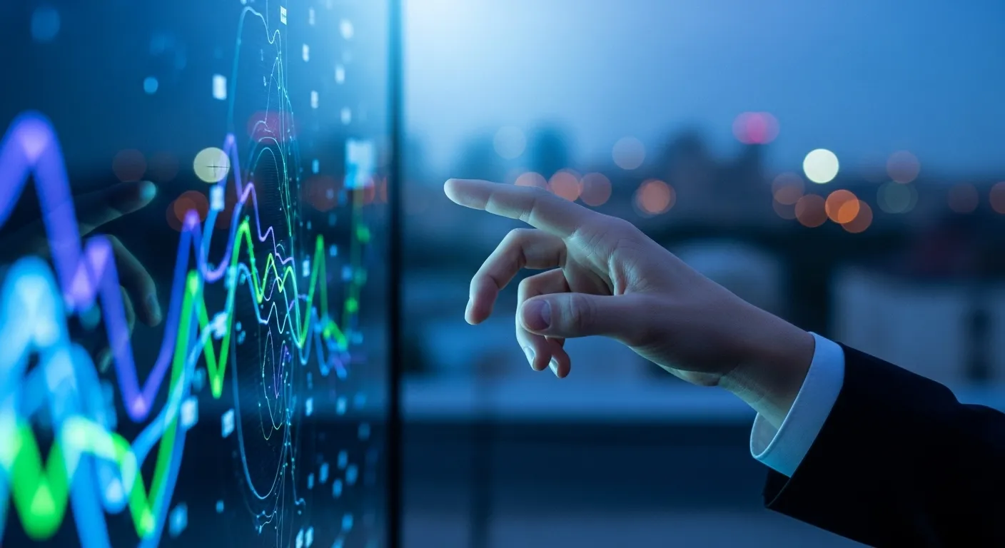 Extreme close-up of a hand gesturing during a presentation at dusk, with a blurred city skyline in the background.