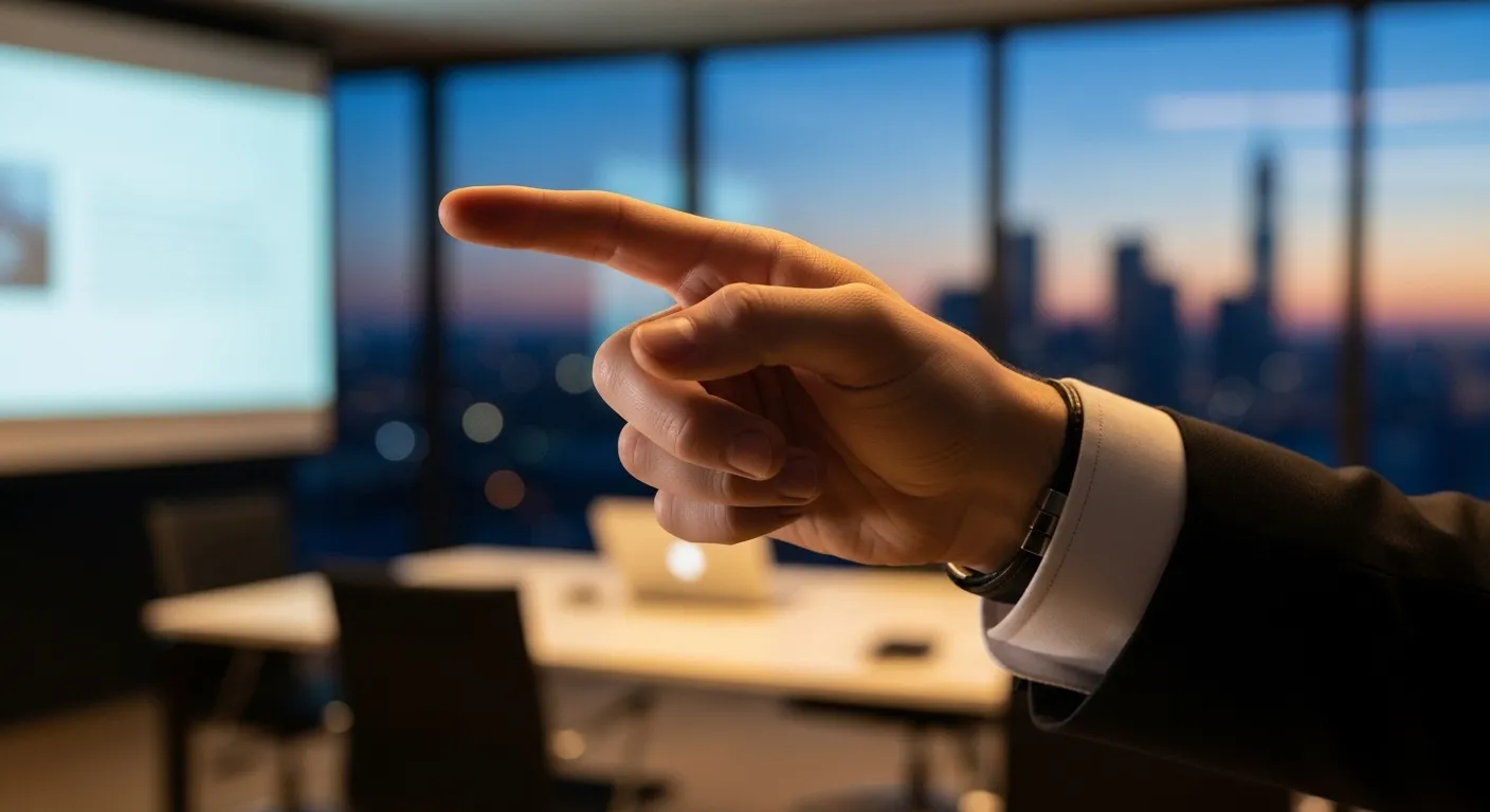 Close-up on a presenter's hand and cuff, gesturing in a modern office with a city skyline visible at dusk through a large window.