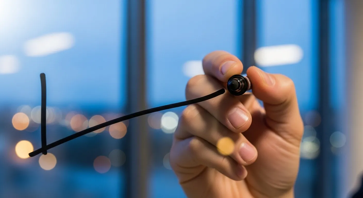 A close-up on a marker drawing a line on a glass whiteboard during a presentation in an office at dusk.