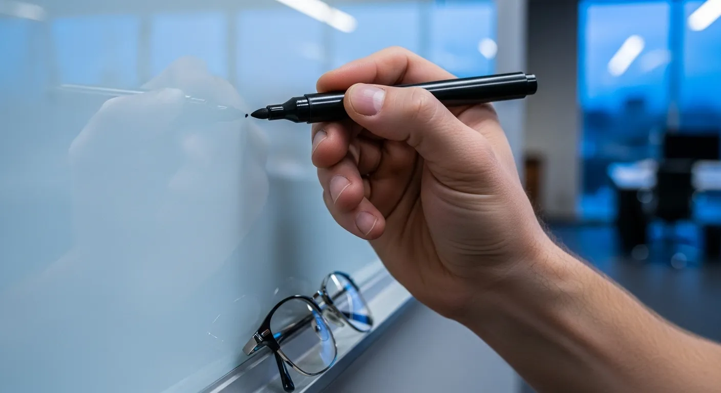 Close-up of a hand holding a marker, about to write on a glass whiteboard in a modern office at dusk, with reading glasses nearby.