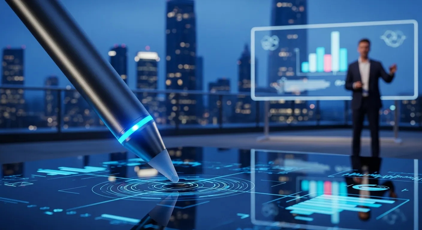 Extreme close-up of a digital pen poised over a screen, with a presenter and city at dusk blurred in the background.