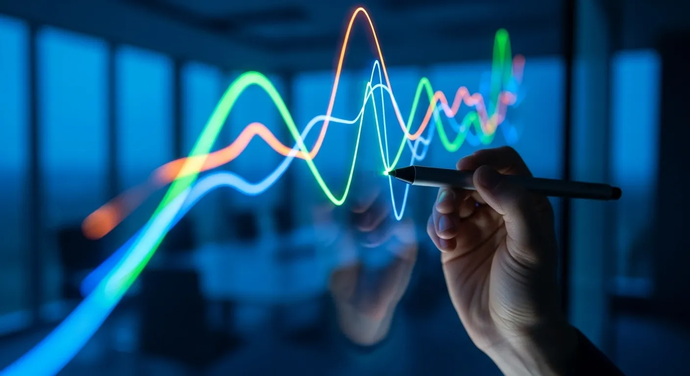An extreme close-up of a stylus tip drawing a bright, abstract chart on a digital whiteboard in a dimly lit room at twilight.