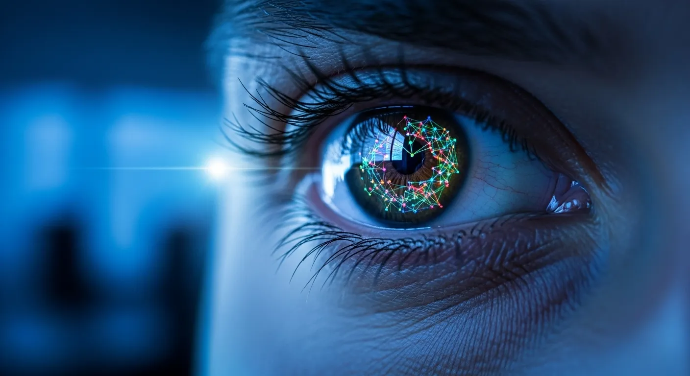 Extreme close-up of a person's eye, with the reflection of a colorful, out-of-focus chart from a screen visible on their iris.