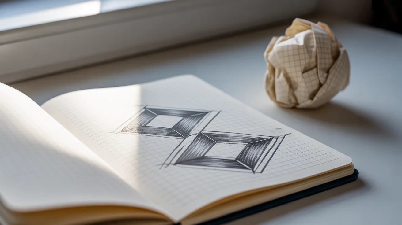 An open notebook with a simple, unfinished pencil sketch lies on a desk next to a single crumpled piece of paper.