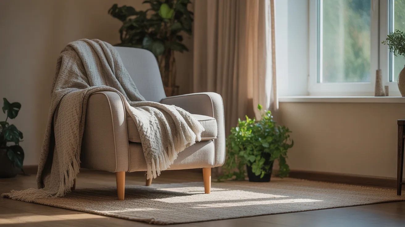 A comfortable armchair in a serene corner of a room, prepared for meditation in the morning light.