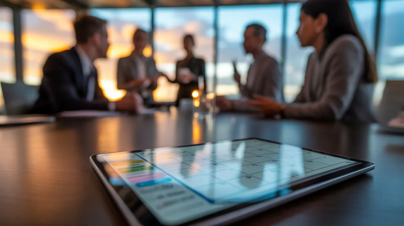 A tablet with a blurred calendar on a meeting table. In the background, a diverse team collaborates in the warm light of golden hour.