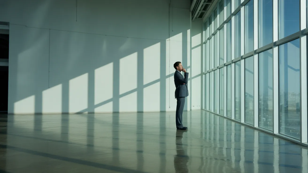 A person takes a break from work, standing by a large window in a modern office with harsh sunlight creating strong shadows on the floor.