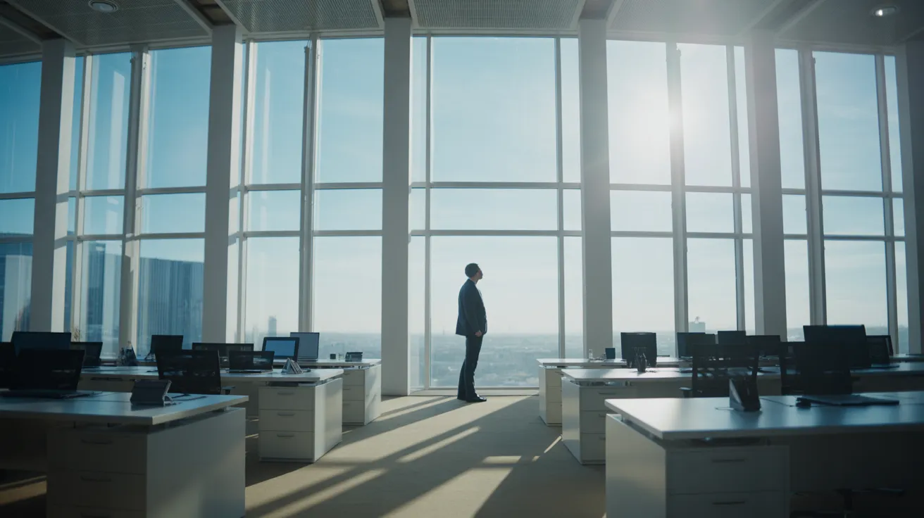 An individual in a spacious, modern office stands at a large window, looking out over a city view on a bright, sunny day.
