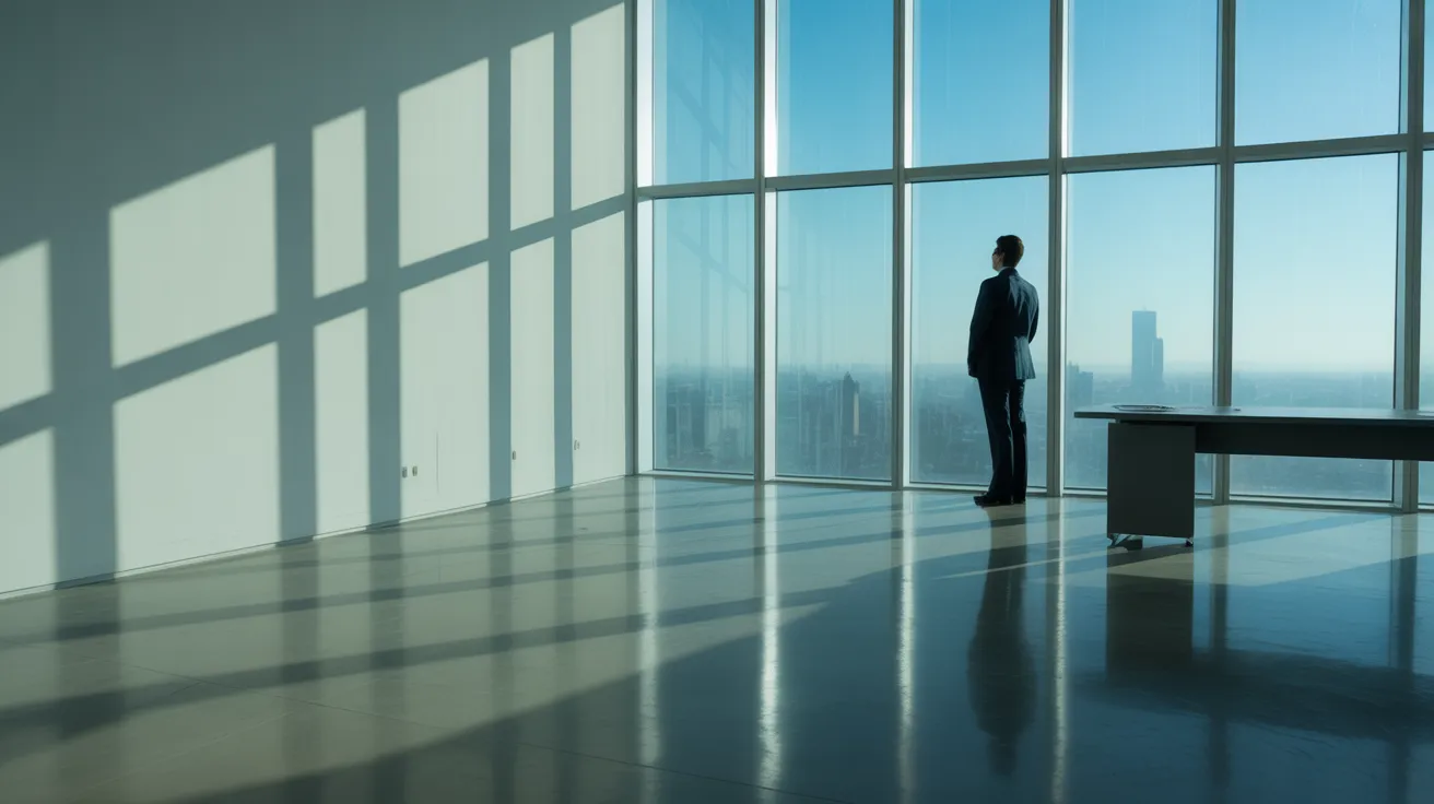 A person takes a mindful break in a modern office, looking out a large window as harsh sunlight creates strong shadows on the floor.