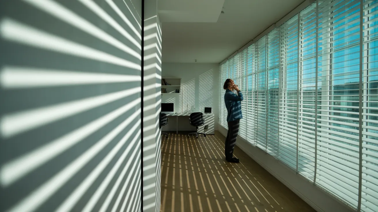 A person takes a quiet break, looking out the window of a sunlit home office with strong shadows cast by the blinds.