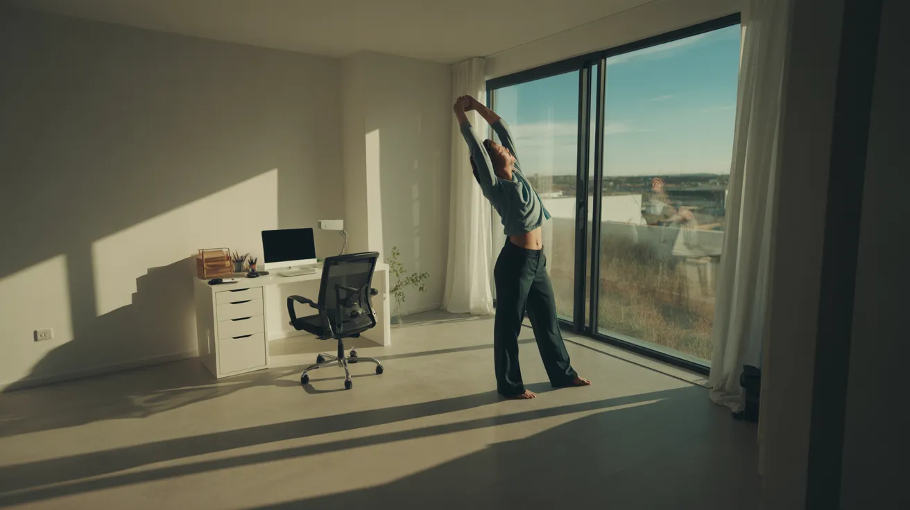 An ultra wide view of a sunlit home office where a person is taking a stretch break by the window, with long shadows cast by the midday sun.