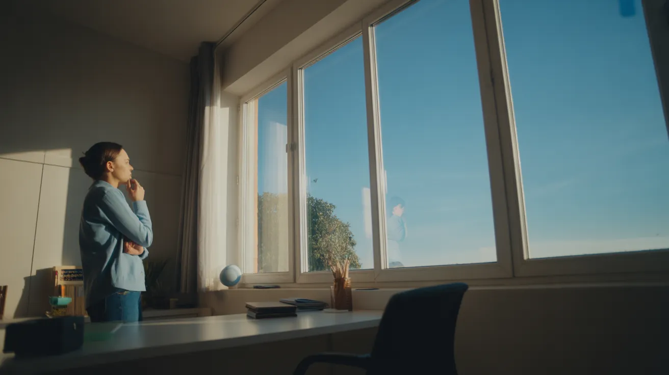 A person takes a reflective break, standing by a window in a modern home office with strong midday sunlight creating dramatic shadows.