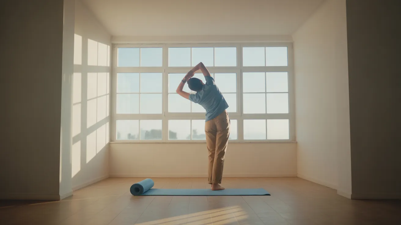 A person in a home office stretches by a window with harsh sunlight. A yoga mat sits in the corner, suggesting a new fitness habit.