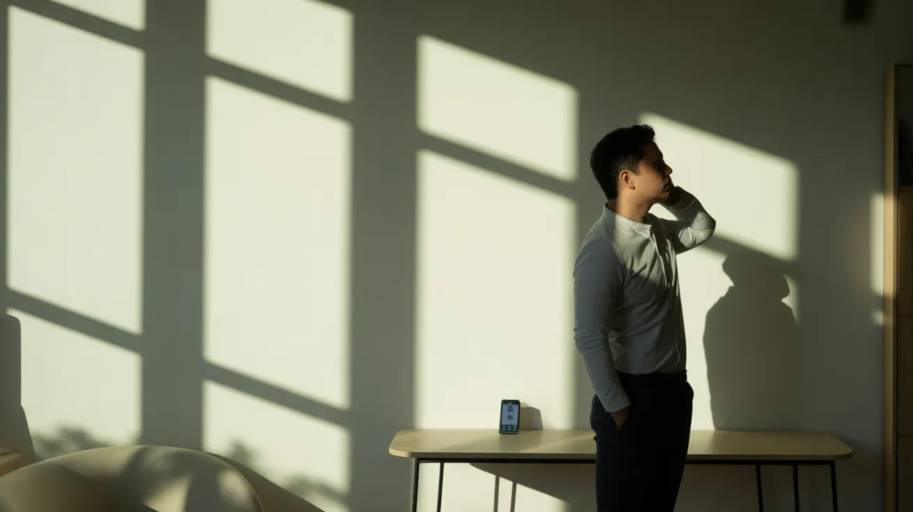 Wide view of a sunlit home office with a person looking out the window, a basic cell phone on a table in the foreground.
