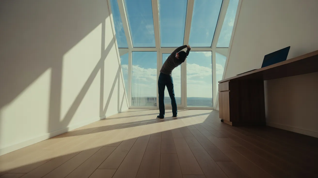 A person takes a stretching break in a sunlit home office. Strong shadows cross the floor from a large window.