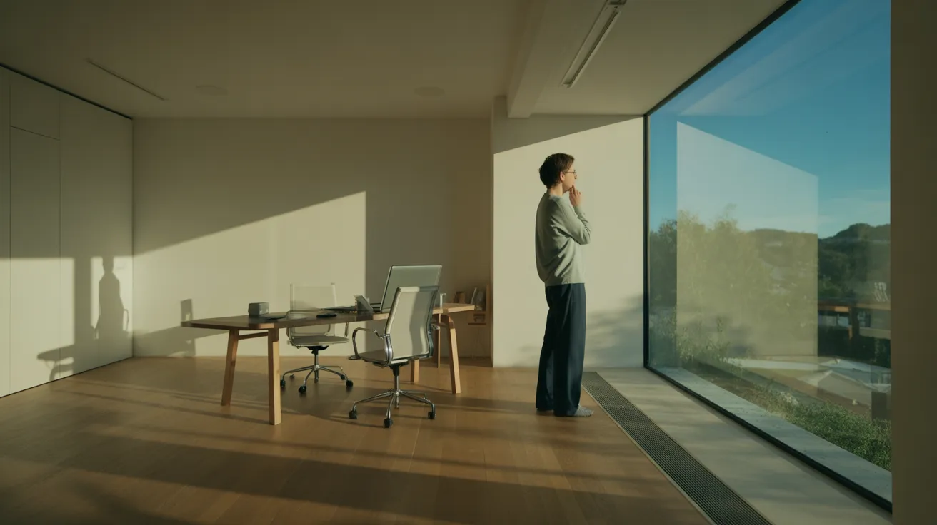 A person stands silhouetted against a large, sunlit window in a spacious, modern home office during a work break.